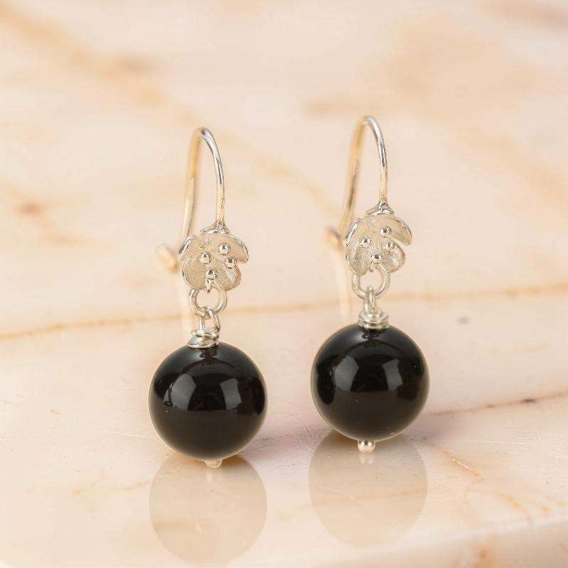 Boucles d'Oreilles Pendantes Obsidienne – Floraison Mystique, Argent
