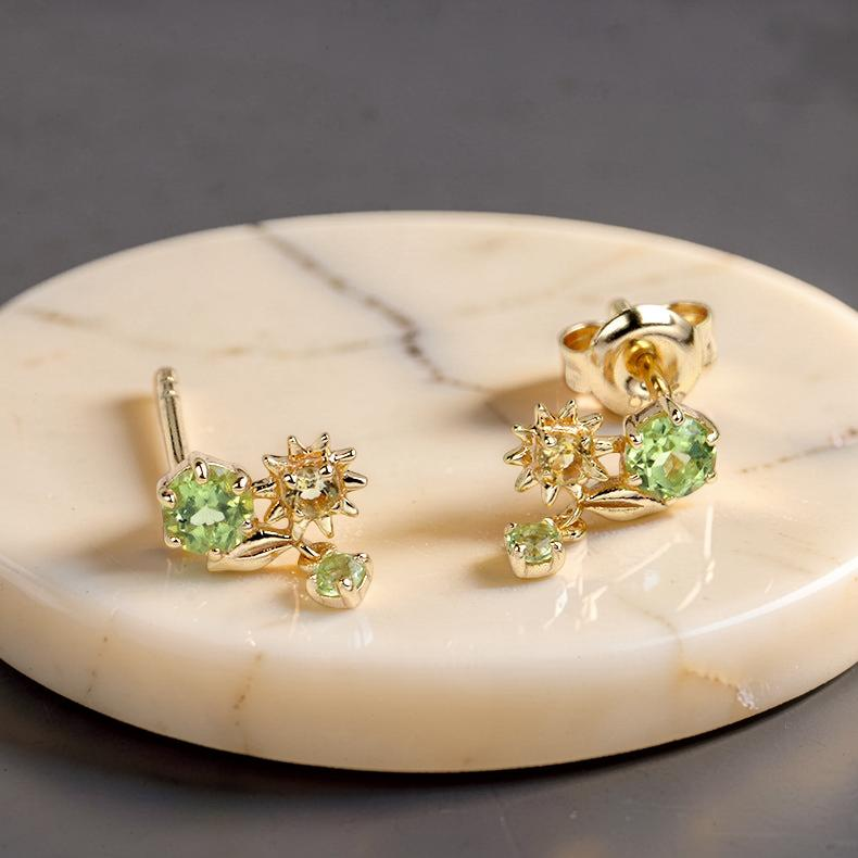 Boucles d'Oreilles Péridot et Citrine – Fleur Ensoleillée, Argent Plaqué Or