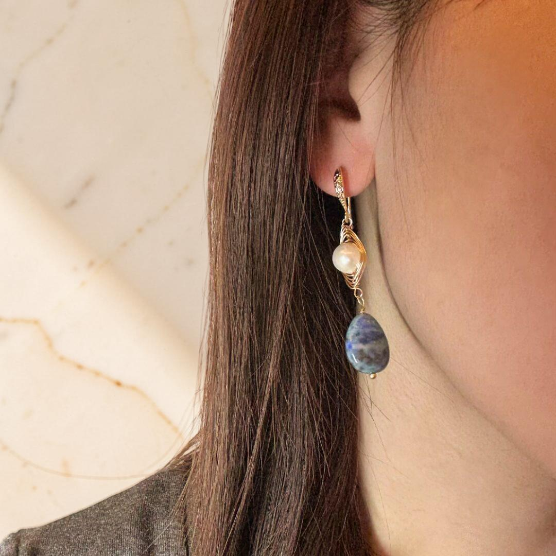 Boucles d'Oreilles Perles et Lapis Lazuli - Blanc et Bleu