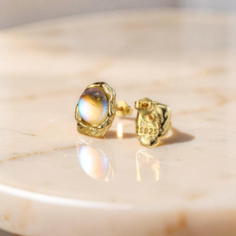 Boucles d'Oreilles Pierre de Lune – Mystère Astral, Argent Plaqué Or