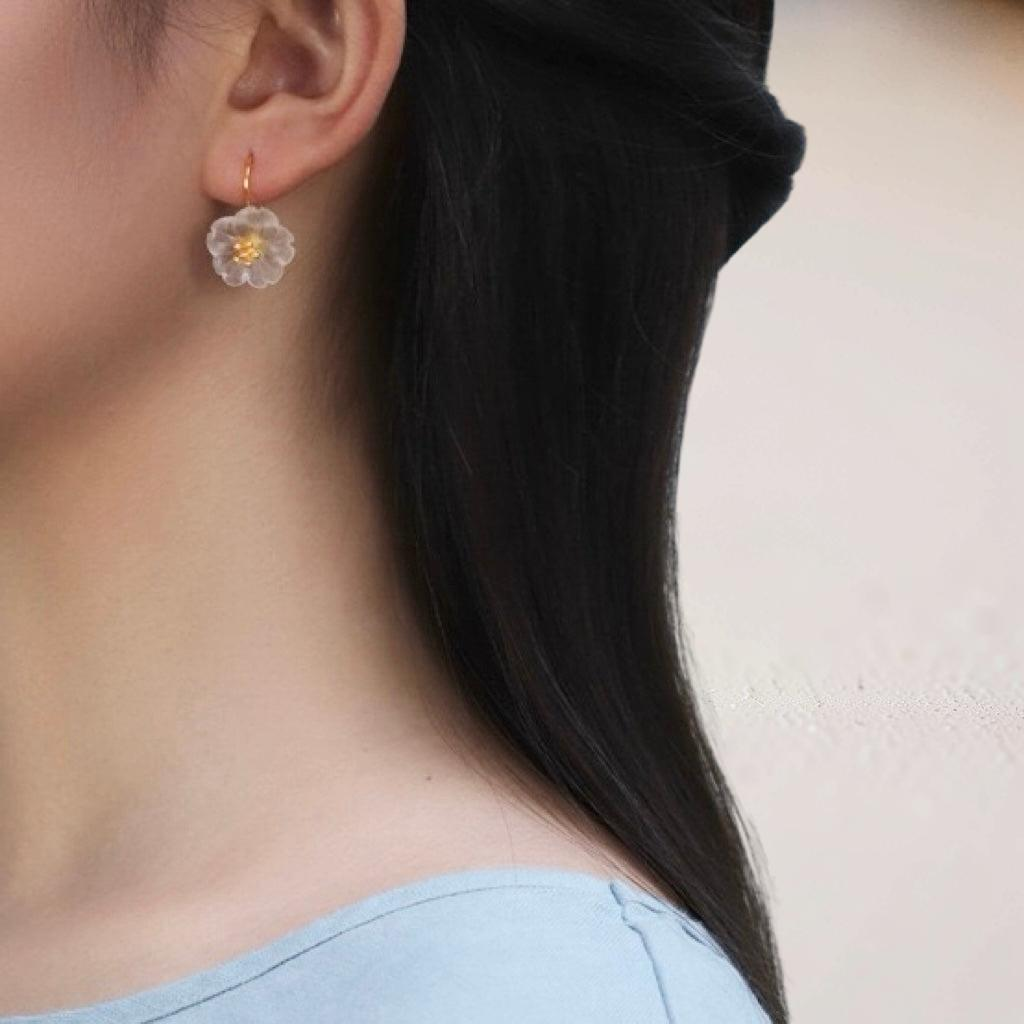 Boucles d'Oreilles Quartz Clair - Élégance Florale, Argent