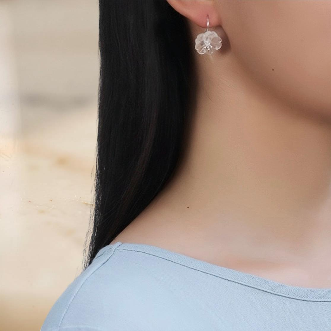 Boucles d'Oreilles Quartz Clair - Élégance Florale, Argent