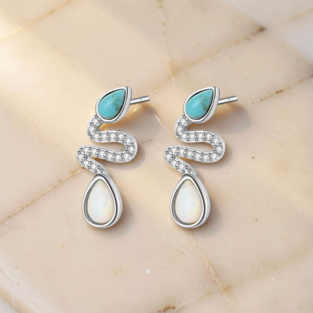 Boucles d'Oreilles Serpent Opale et Turquoise– Larmes de Lagon, Argent 925