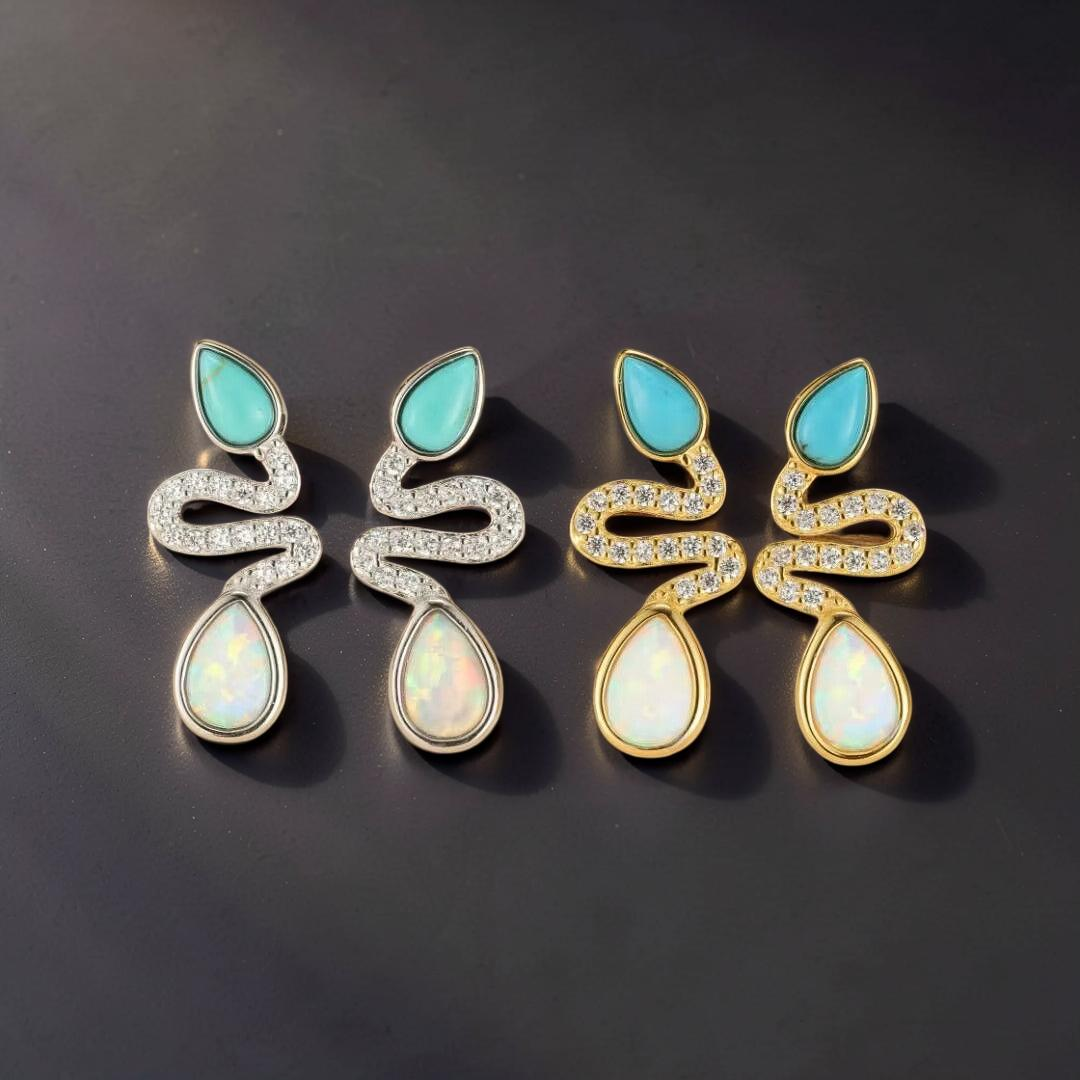 Boucles d'Oreilles Serpent Opale et Turquoise– Larmes de Lagon, Argent 925