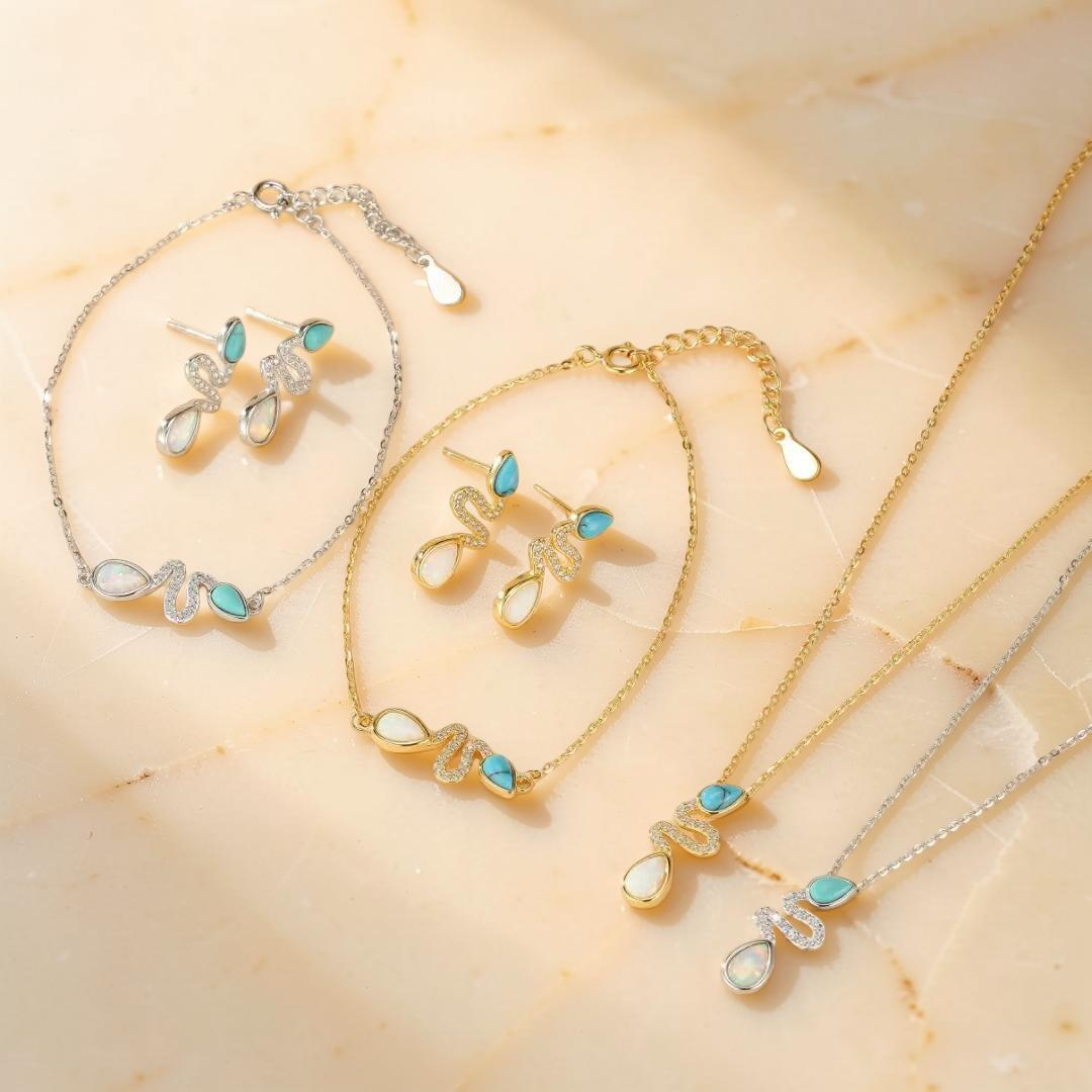 Boucles d'Oreilles Serpent Opale et Turquoise– Larmes de Lagon, Argent 925