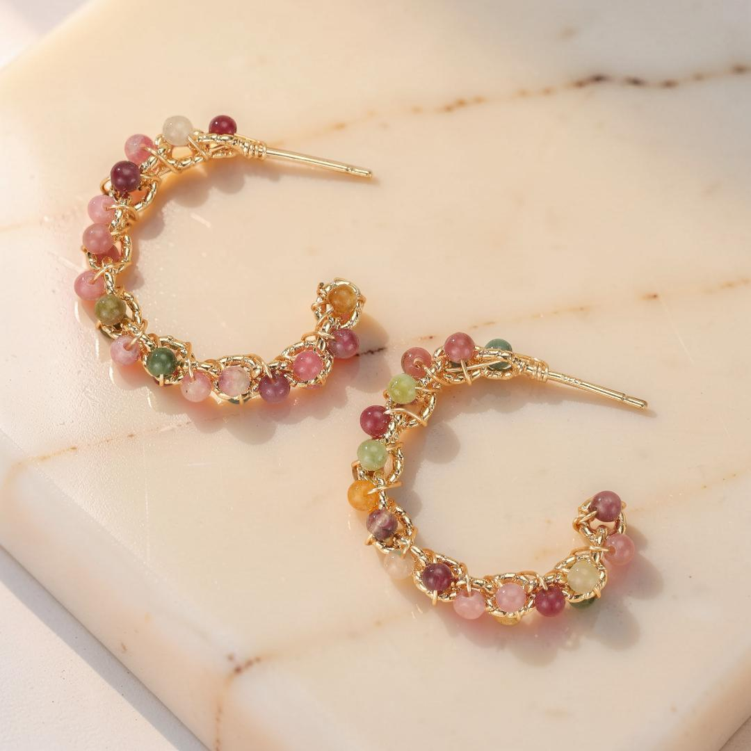 Boucles d'Oreilles Tourmaline – Vibrations Solaires, Plaqué Or 14k