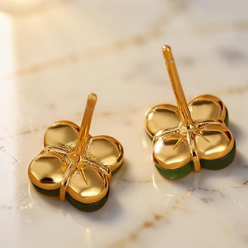 Boucles d'Oreilles Trèfle en Jade – Chance, Argent Plaqué Or