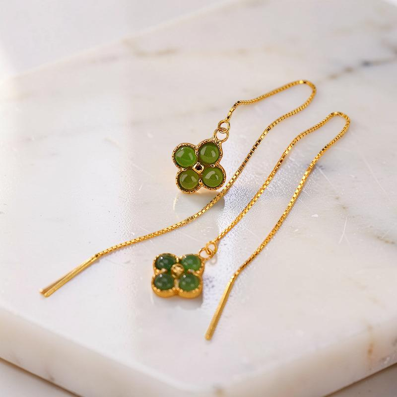 Boucles d'Oreilles Trèfle en Jade – Porte-Bonheur, Argent Plaqué Or