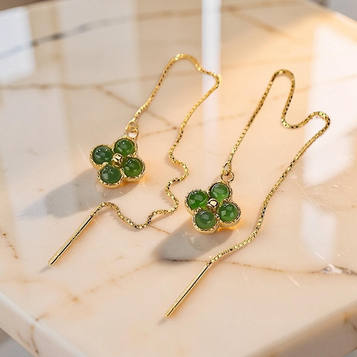 Boucles d'Oreilles Trèfle en Jade – Porte-Bonheur, Argent Plaqué Or