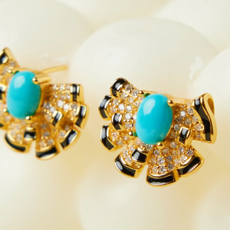 Boucles d'Oreilles Turquoise – Coquillage Maritime, Argent Plaqué Or