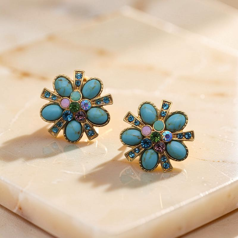 Boucles d'Oreilles Turquoise – Fleur Éternelle, Argent Plaqué Or
