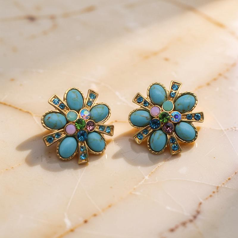 Boucles d'Oreilles Turquoise – Fleur Éternelle, Argent Plaqué Or