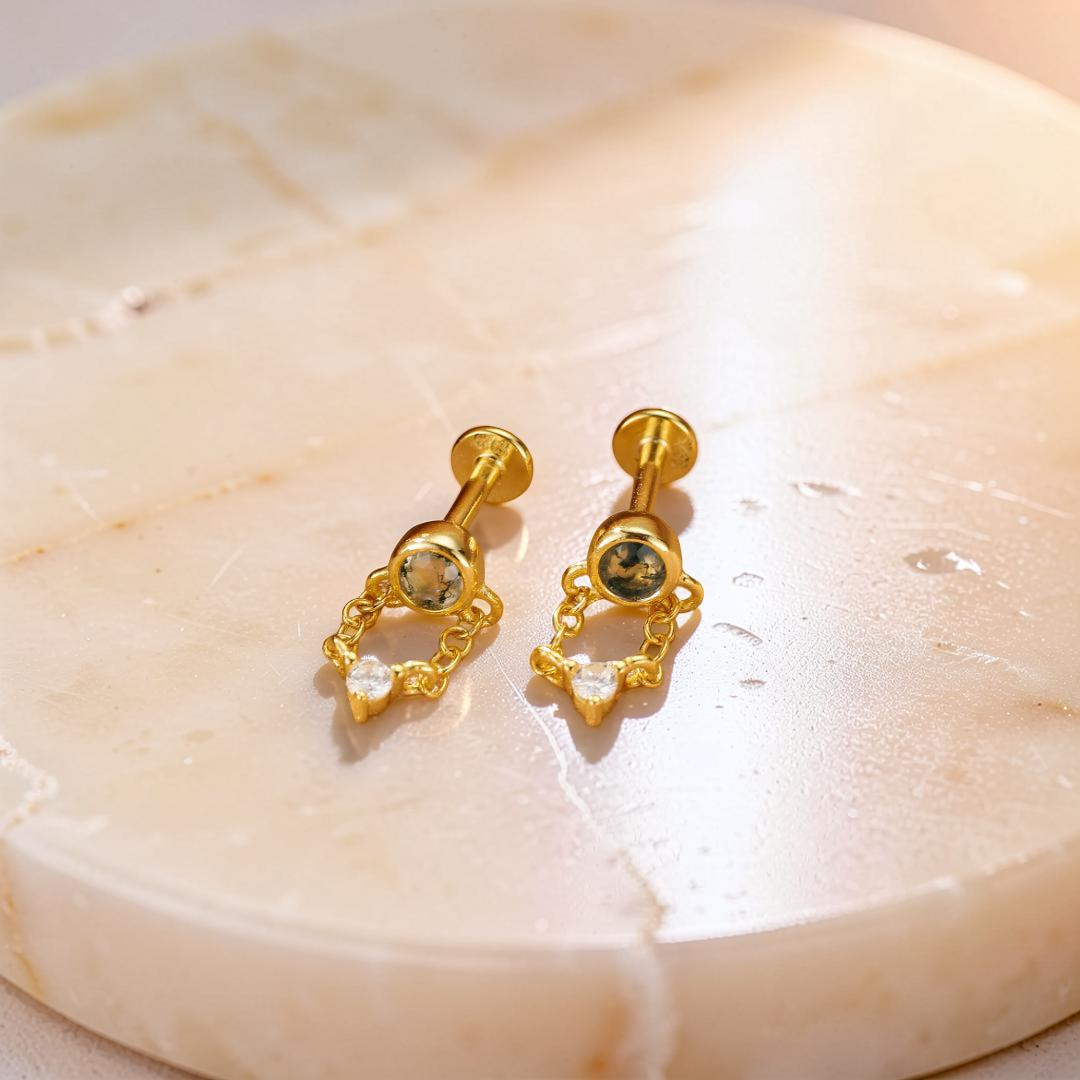 Boucles d’Oreille Agate Mousse – Chaîne Élémentaire, Argent Plaqué Or