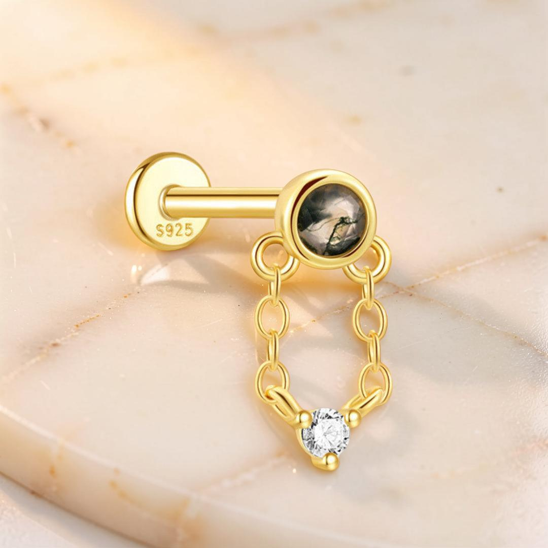 Boucles d’Oreille Agate Mousse – Chaîne Élémentaire, Argent Plaqué Or