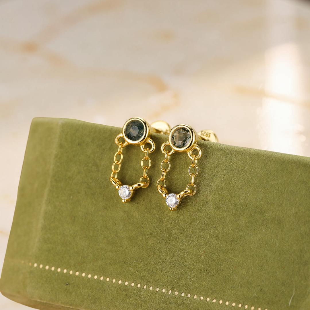 Boucles d’Oreille Agate Mousse – Chaîne Élémentaire, Argent Plaqué Or