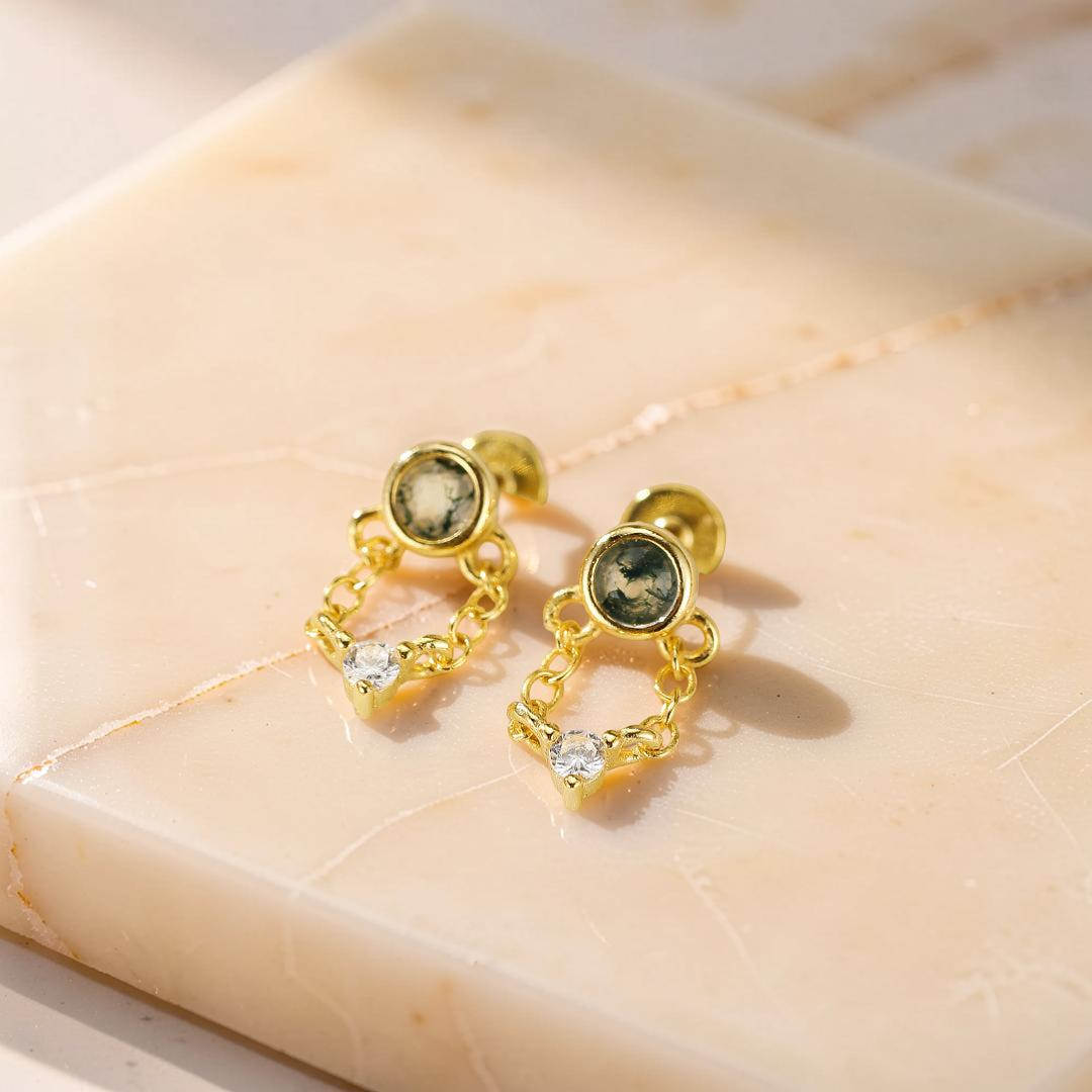 Boucles d’Oreille Agate Mousse – Chaîne Élémentaire, Argent Plaqué Or