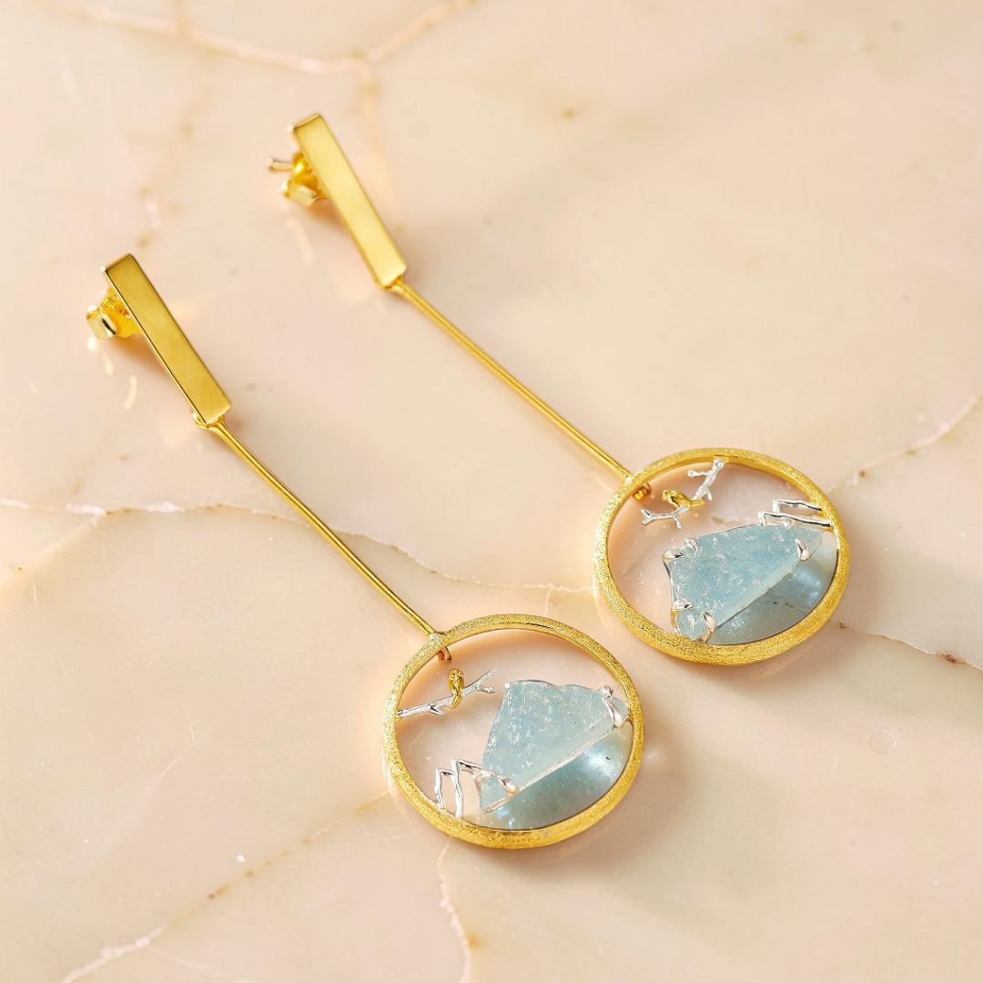 Boucles d'Oreilles Aigue Marine – Petit Oiseau, Argent Plaqué Or