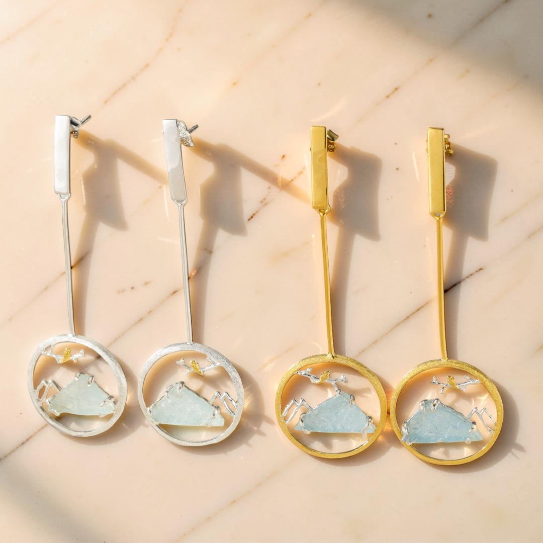 Boucles d'Oreilles Aigue Marine – Petit Oiseau, Argent Plaqué Or