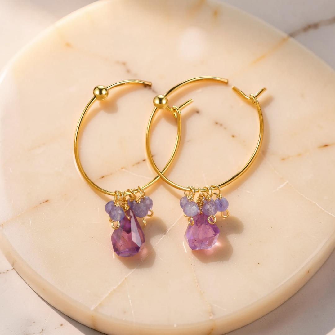 Boucles d’oreilles Améthyste et Tanzanite – Aurore Bohème, Argent Plaqué Or