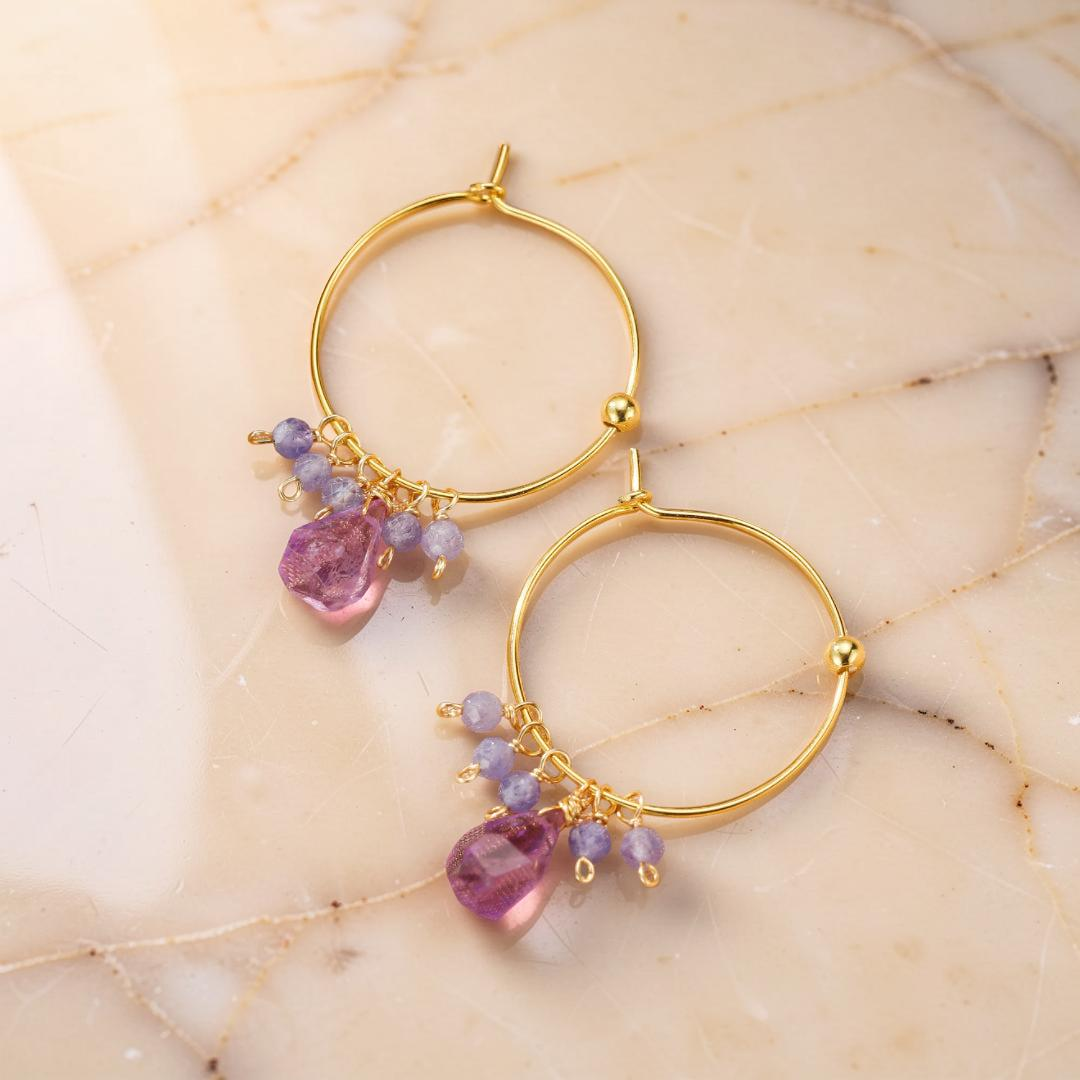 Boucles d’oreilles Améthyste et Tanzanite – Aurore Bohème, Argent Plaqué Or