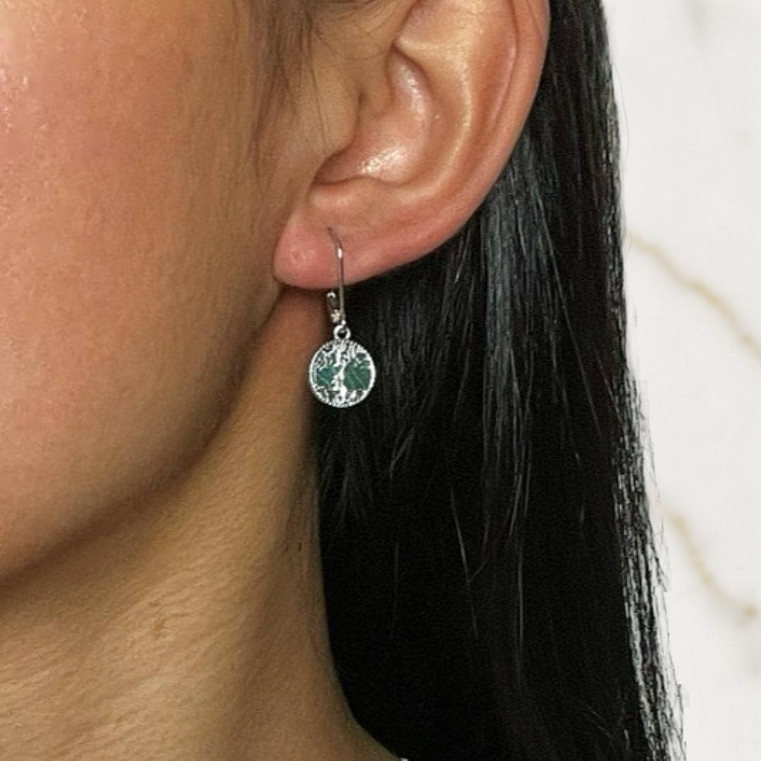 Boucles d’oreilles Arbre de Vie Malachite – Racines Sacrées, Argent
