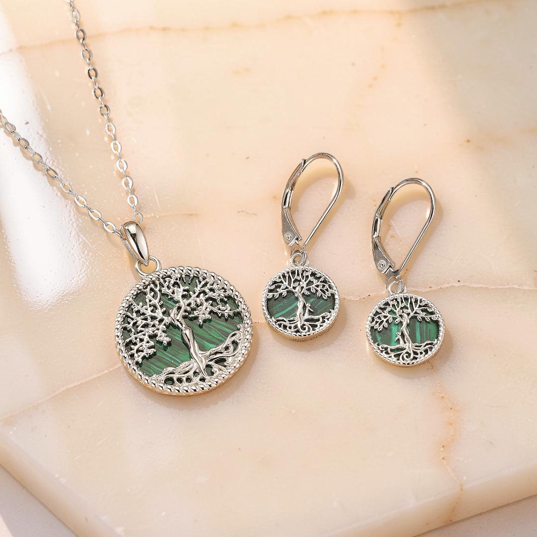 Boucles d’oreilles Arbre de Vie Malachite – Racines Sacrées, Argent