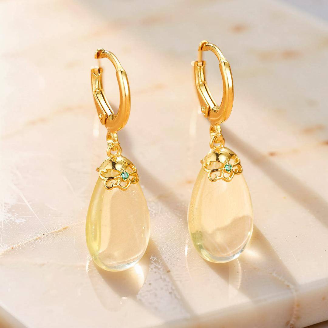 Boucles d’oreilles Citrine – Goutte de Soleil, Argent Plaqué Or