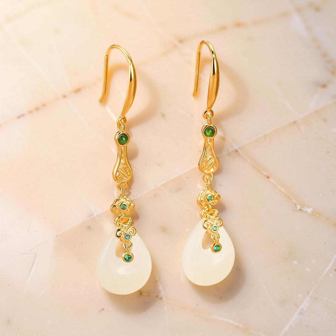 Boucles d’Oreilles Pendantes Jade – Gloire Impériale, Argent Plaqué Or