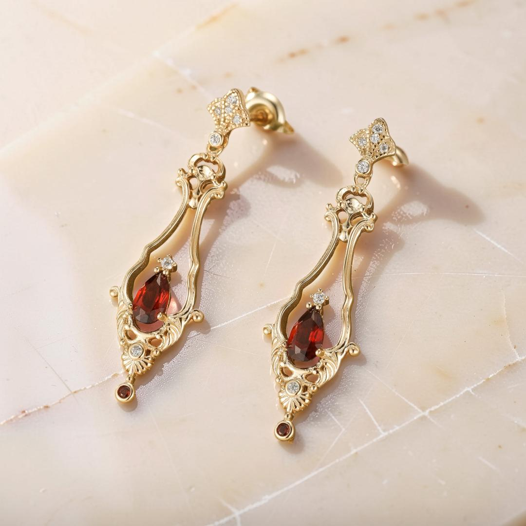 Boucles d’Oreilles Grenat – Reflet Majestueux, Argent Plaqué Or
