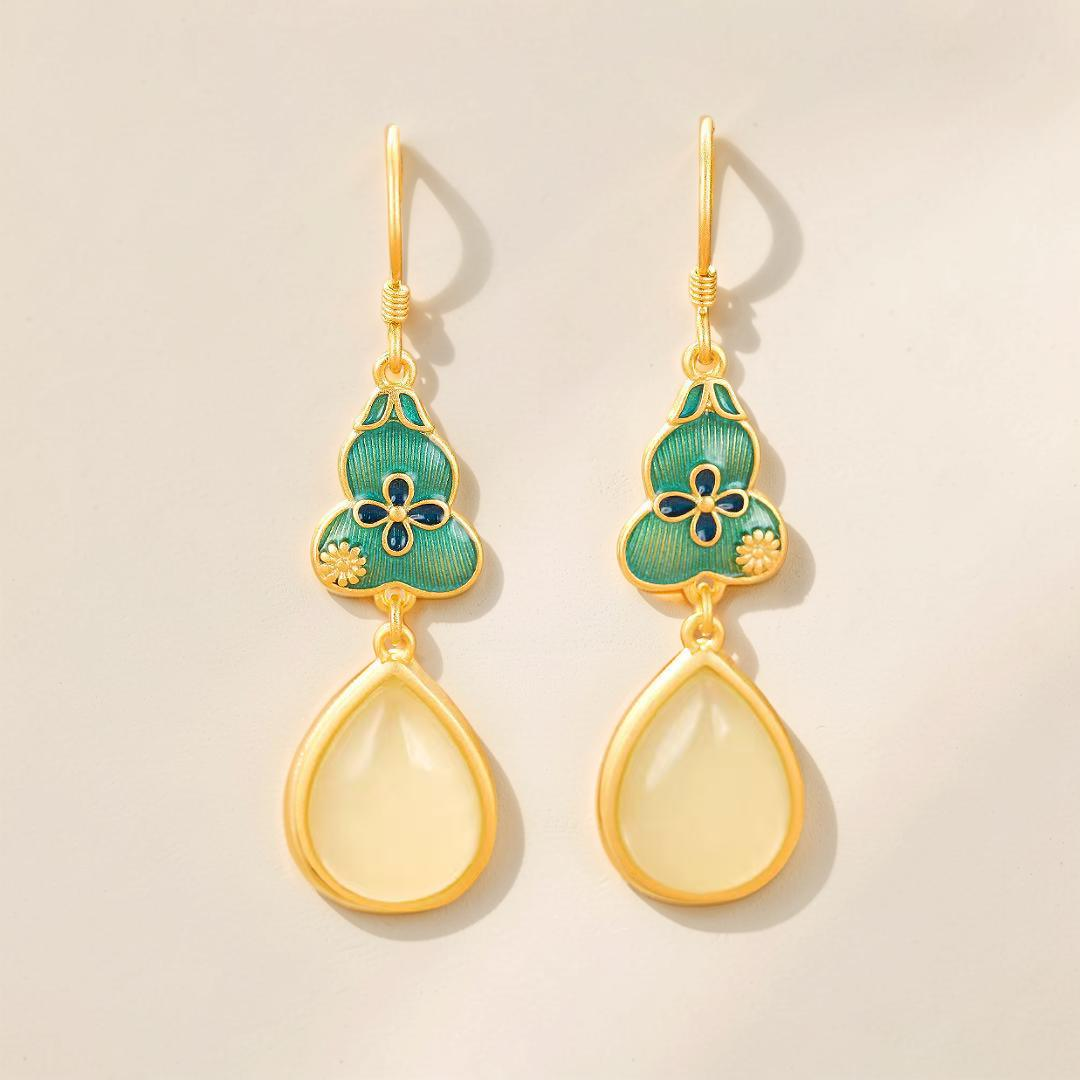 Boucles d'Oreilles Jade – Goutte de Chance, Argent Plaqué Or