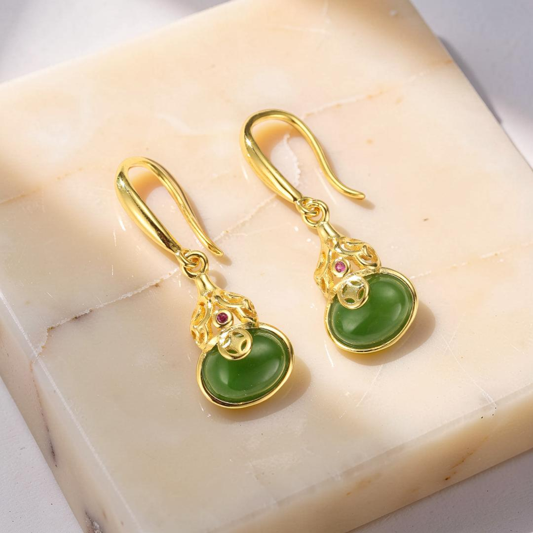 Boucles d’Oreilles Jade – Rayons de Sagesse, Argent Plaqué Or