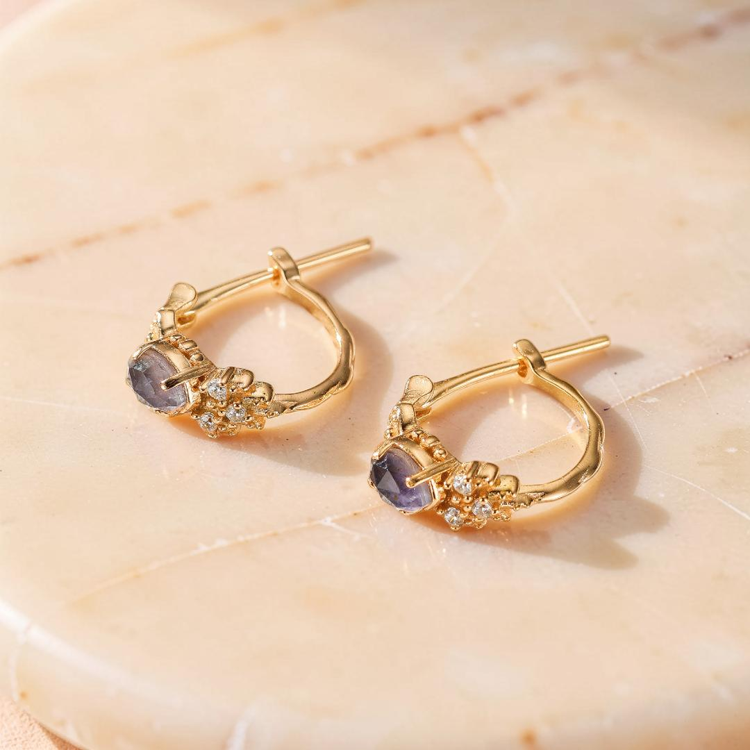 Boucles d'Oreilles Labradorite et Cordiérite – Apaisement, Argent Plaqué Or