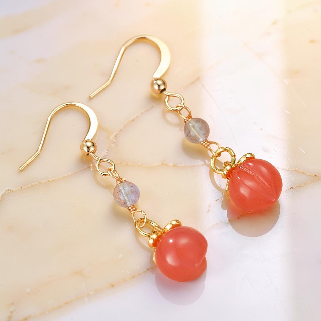 Boucles d’Oreilles Labradorite et Agate Rouge – Douceur Pêche