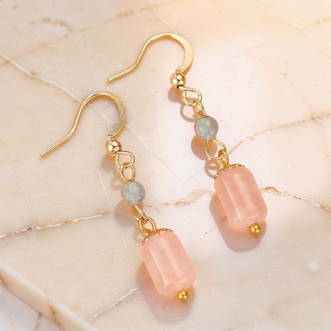 Boucles d’Oreilles Labradorite et Quartz Rose – Douceur d’Éclat
