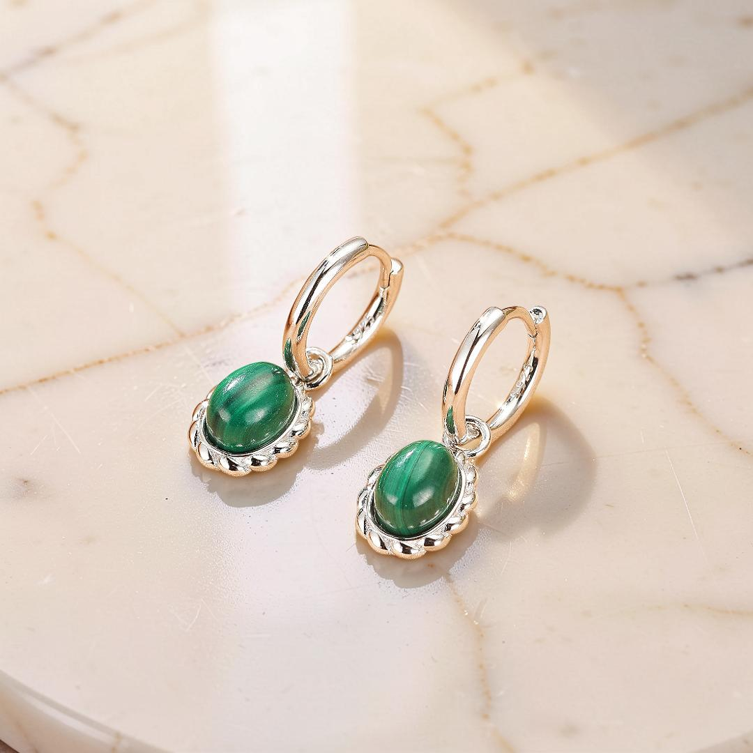 Boucles d’oreilles Malachite – Charme Ovale, Argent