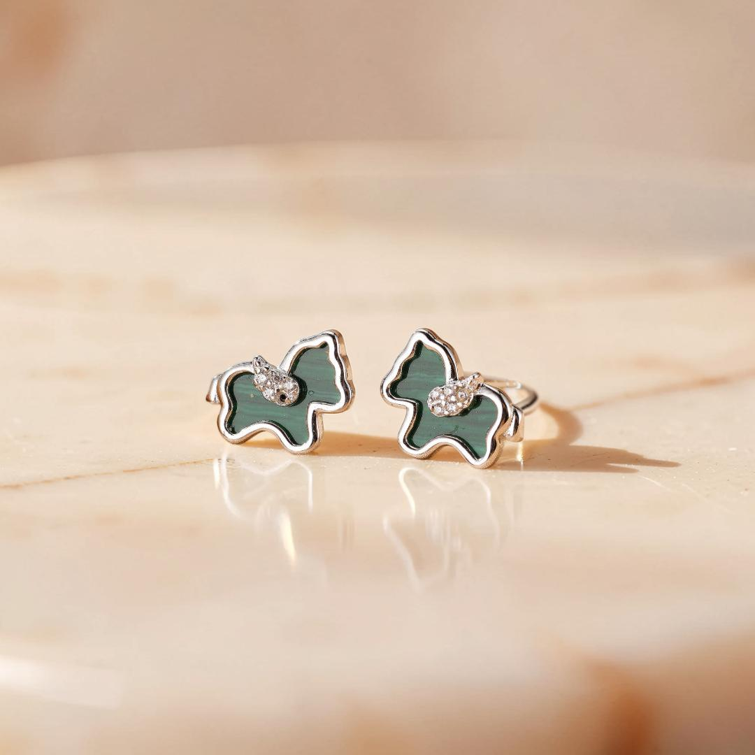 Boucles d'Oreilles Malachite Cheval – Élégance Libre, Argent