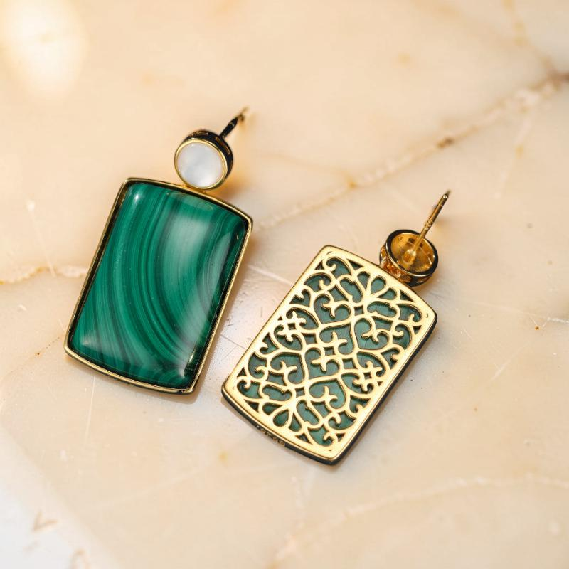 Boucles d'Oreilles Malachite et Nacre – Luminosité, Argent Plaqué Or