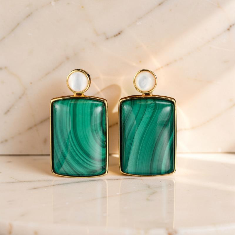 Boucles d'Oreilles Malachite et Nacre – Luminosité, Argent Plaqué Or