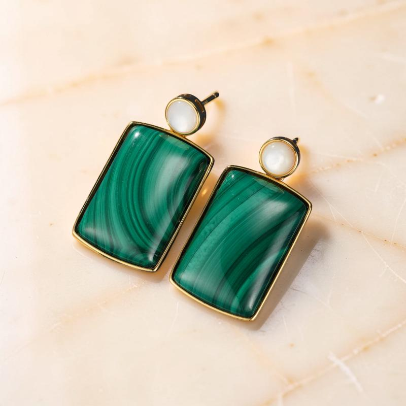 Boucles d'Oreilles Malachite et Nacre – Luminosité, Argent Plaqué Or
