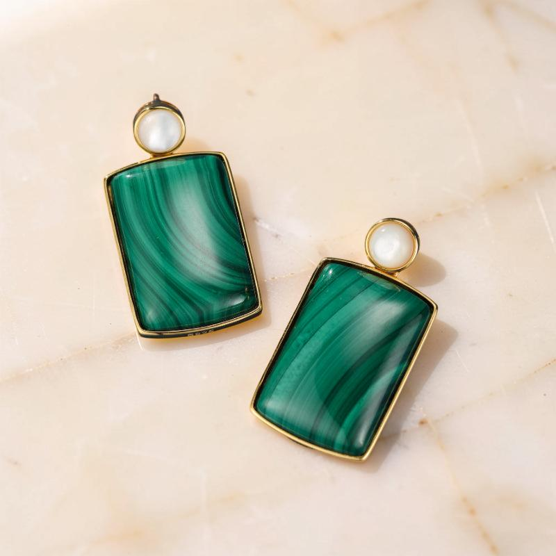 Boucles d'Oreilles Malachite et Nacre – Luminosité, Argent Plaqué Or