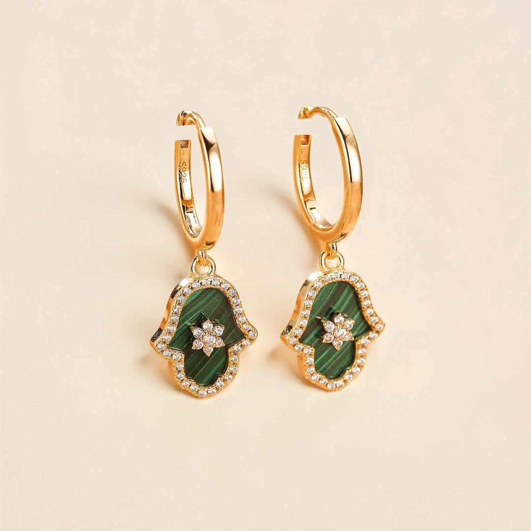 Boucles d’oreilles Malachite – Main de Fatma Étoilée, Argent Plaqué Or