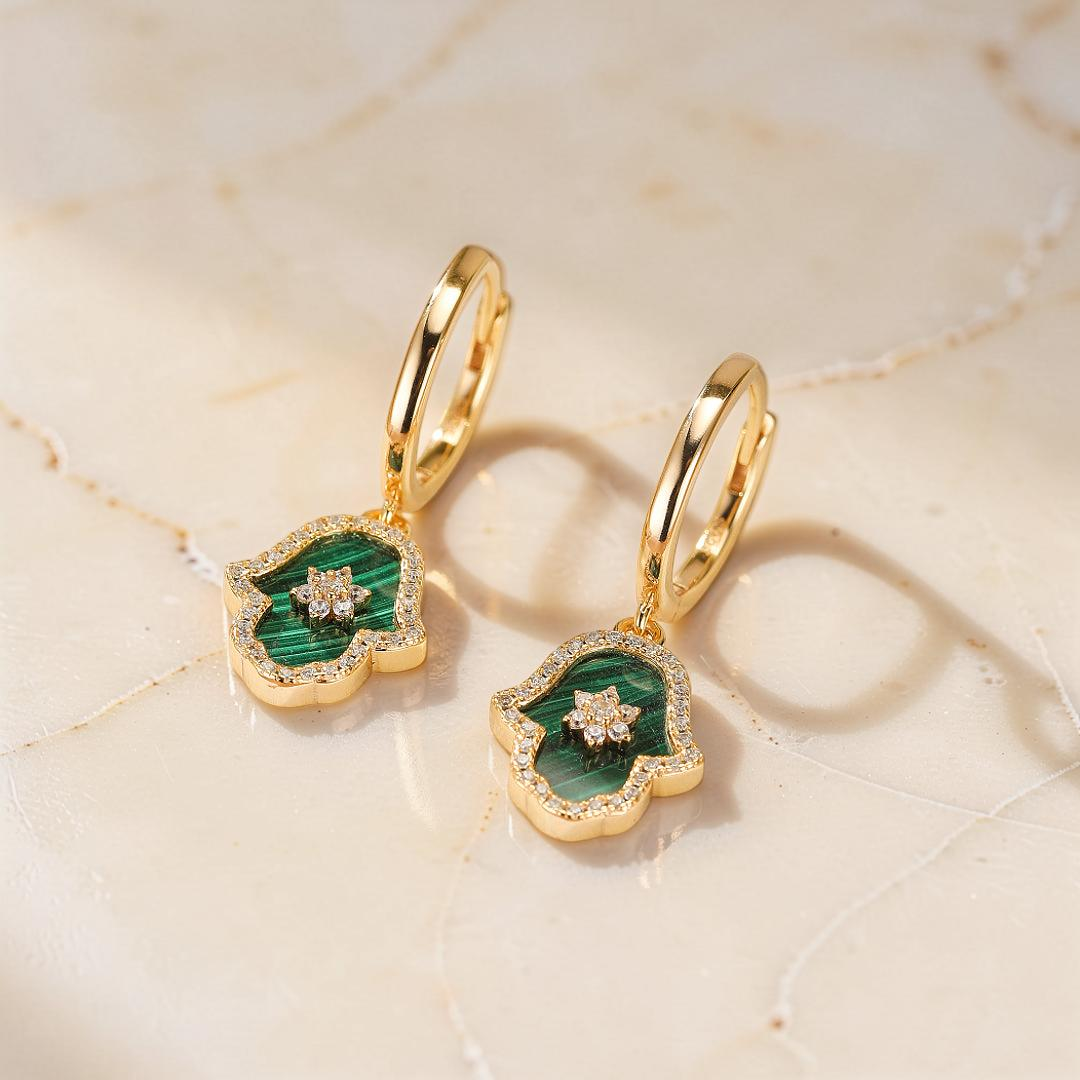 Boucles d’oreilles Malachite – Main de Fatma Étoilée, Argent Plaqué Or