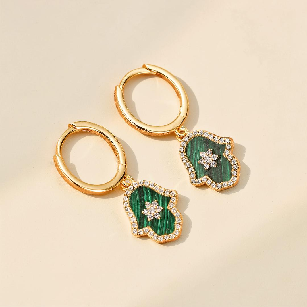 Boucles d’oreilles Malachite – Main de Fatma Étoilée, Argent Plaqué Or