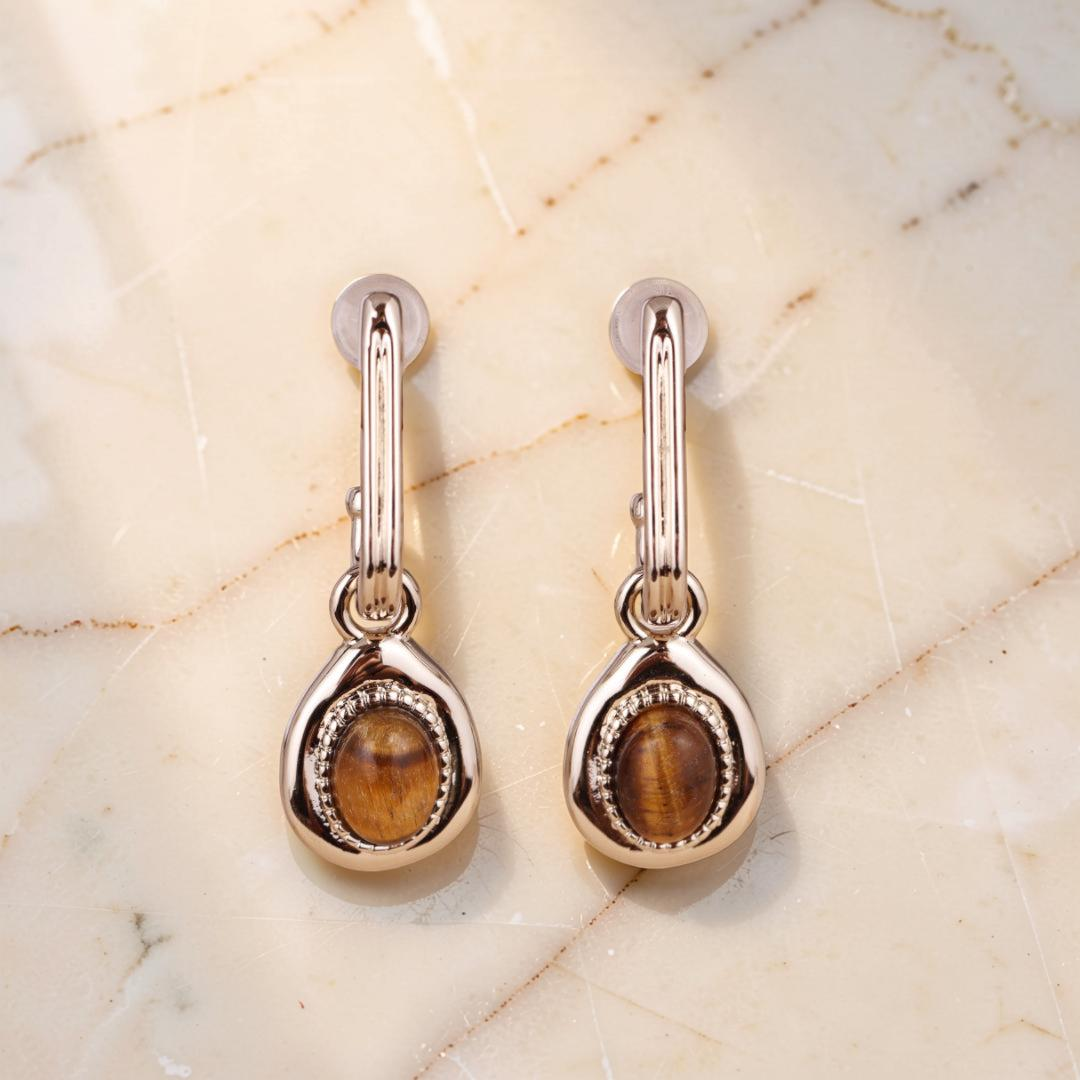 Boucles d'Oreilles Œil de Tigre – Charme Exotique, Plaqué Or