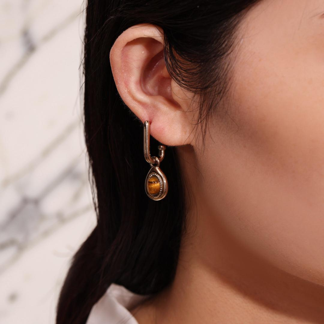 Boucles d'Oreilles Œil de Tigre – Charme Exotique, Plaqué Or
