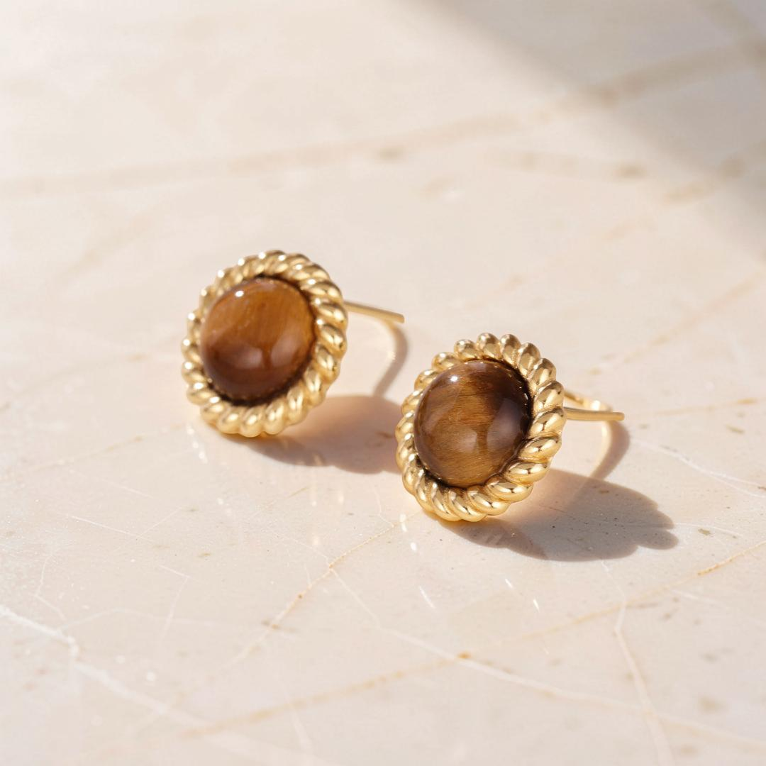 Boucles d'Oreilles Œil de Tigre – Éclat Captivant, Argent Plaqué Or