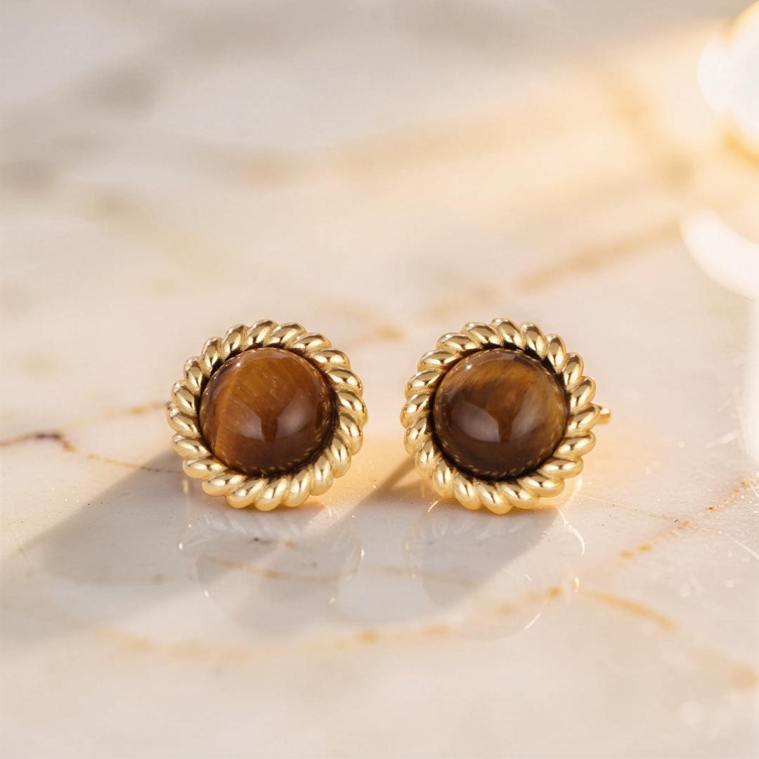 Boucles d'Oreilles Œil de Tigre – Éclat Captivant, Argent Plaqué Or