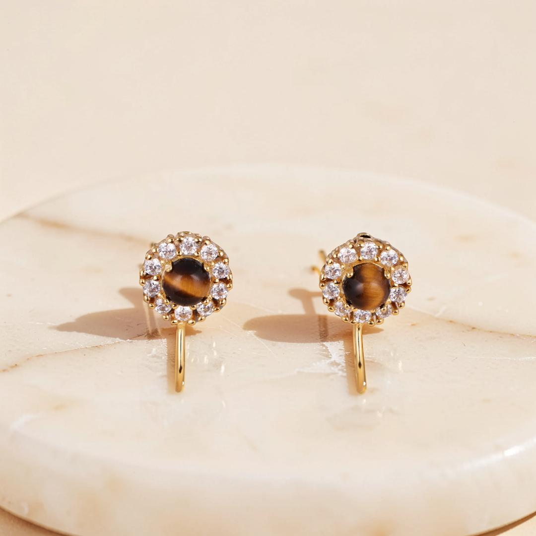 Boucles d'Oreilles Œil de Tigre – Rose Eclatante, Argent Plaqué Or