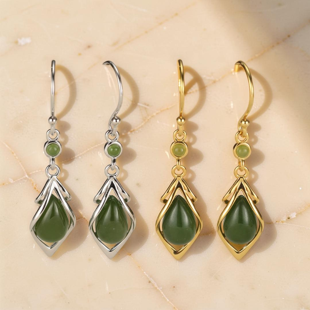 Boucles d’Oreilles Pendantes Jade – Éveil Sacré, Argent