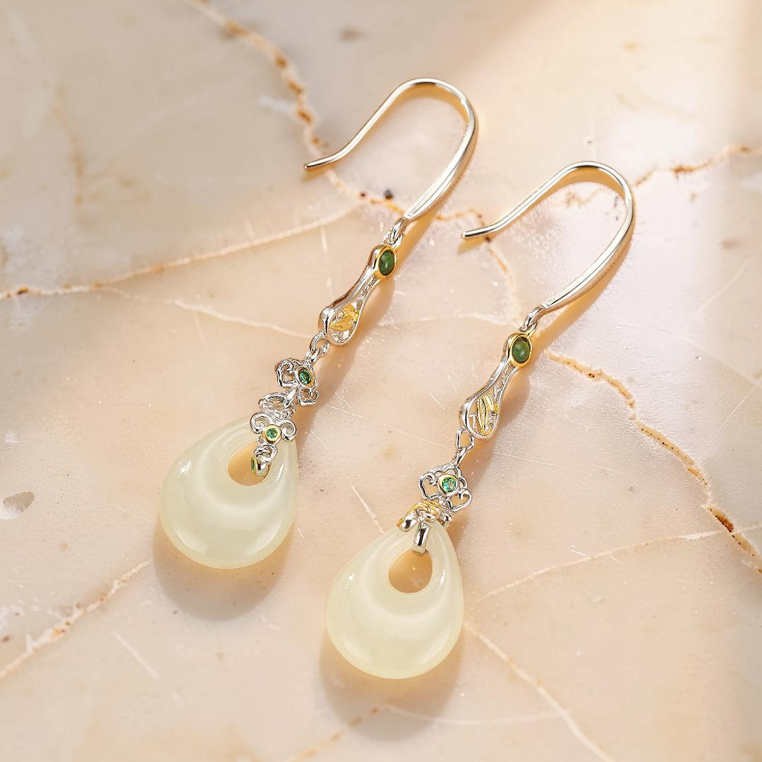 Boucles d’Oreilles Pendantes Jade – Gloire Impériale, Argent Plaqué Or